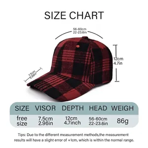 Classic red plaid wool baseball cap with size chart details and adjustable strap