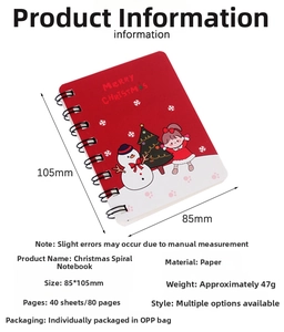 Detailed specs of red Christmas spiral notebook showing 85x105mm size and cartoon design