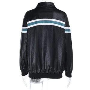 Rear view of black vintage leather jacket featuring white and green horizontal stripes