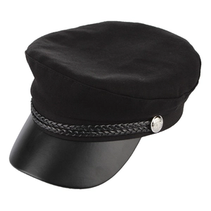 Detail of black military cap featuring synthetic leather visor and woven rope trim