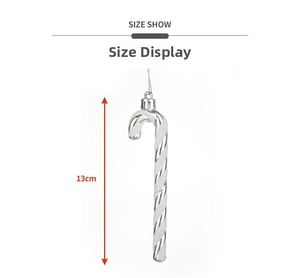Detailed view of a 13cm silver candy cane ornament with glitter stripes and size guide