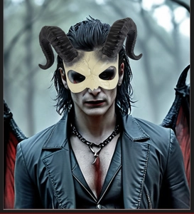 Detailed view of white skull half mask with black devil horns for Halloween costume