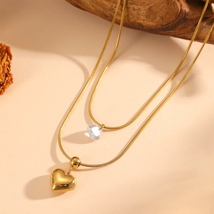 18k gold plated double layer heart pendant necklace with zircon on snake chain