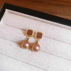 Vintage Square Enamel Dangle Earrings With Champagne Imitation Artificial Pearl And Silver Earring Post For Women
