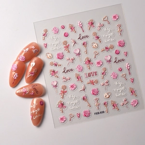 5D embossed nail stickers featuring pink roses and heart keys with textured relief effect