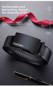 Men's black automatic buckle belt with lychee grain leather texture and matte buckle