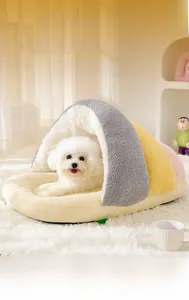 Detail of semi-enclosed dome pet bed with plush fabric for small dogs and cats