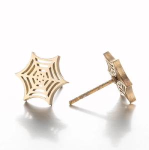 Gothic spider web stud earrings in matte gold finish for unique fashion style