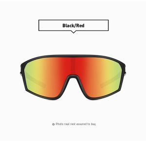 Close-up of black sports sunglasses with vibrant red and yellow gradient lenses on white back