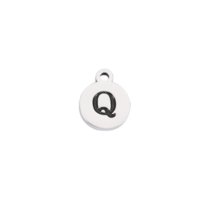 Polished silver stainless steel circular pendant featuring a black engraved letter Q