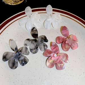 Flower Stud Earrings Large Retro French Resin Acrylic Marble Texture Double Layer Petals With Silver Earring Post Women