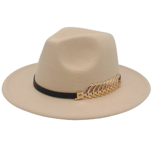 Classic beige fedora hat with black leather band and golden leaf metallic accent for women