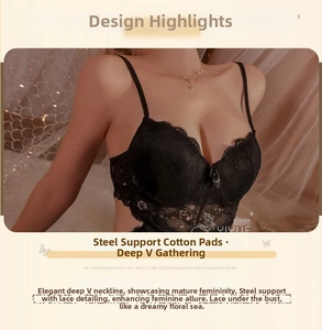 Detail view of black lace lingerie showing deep V-neckline with wired padded cups