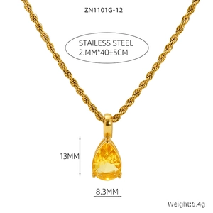 Detail of 18K gold plated stainless steel necklace with citrine pear pendant and sizing info