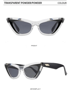 Front and side view of two-tone cat-eye sunglasses with transparent frames and black lenses