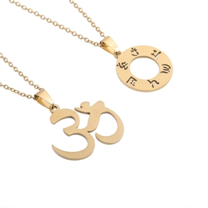 Gold stainless steel Om symbol and Buddhist mantra spinning pendant necklaces for men