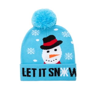 Bonnet bleu en tricot avec texte Let It Snow, motifs de bonhommes de neige et pompon