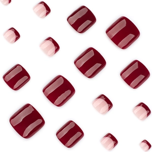 Short square red press-on toenails featuring wine red gloss and French tip designs