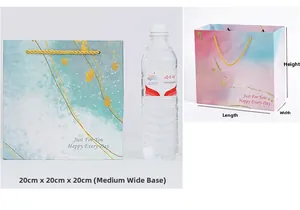 Detail of square marble pattern gift bags in pink and blue with size measurements