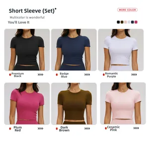 Detailed grid view of short sleeve yoga tops in black navy purple pink and brown colors