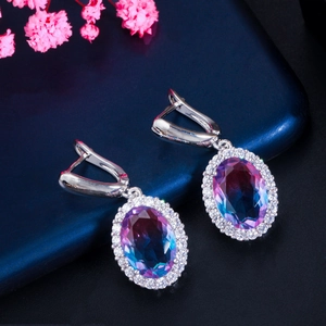 Elegant bridal necklace and earring set with gradient blue purple stones and small diamonds