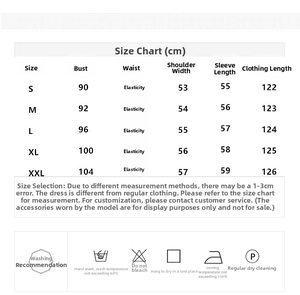 Detailed size guide and care instructions chart for the sequined pleated maxi dress