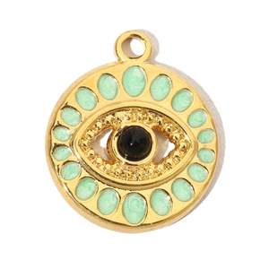 Close-up of gold stainless steel evil eye pendant with green enamel and black stone