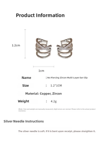 Detail view of silver multi-layer crisscross ear cuff with zircons and size specifications