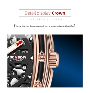 Detail view of the rose gold screw-in crown and automatic skeleton mechanical watch movement