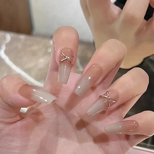 Handmade Press On Nails Long Coffin Gradient Nude Pink With Metal Cross Rhinestone Decor Reusable Luxury Style For Women