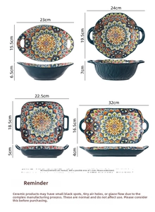 Detailed size chart for Bohemian ceramic plates and bowls with handles and dimensions