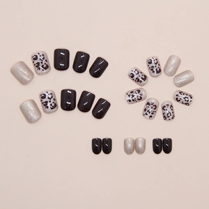 Short square press-on nails set with purple gloss, silver glitter and leopard print