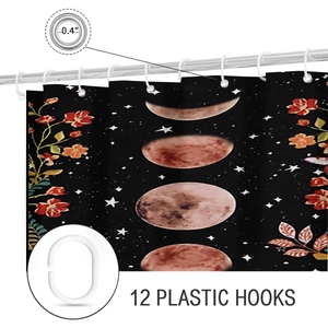 Detail showing twelve plastic hooks and a 0.4 inch metal grommet on the black floral shower curtain