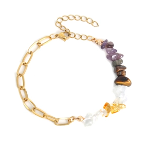 Golden chain bracelet with multi-color natural crystal stones and lobster clasp