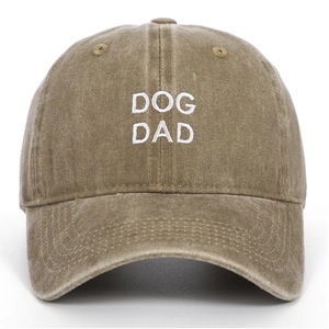 Front detail of vintage washed cotton baseball cap with white DOG DAD embroidery