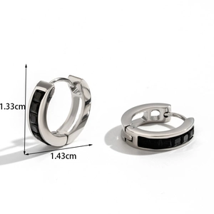 French vintage stainless steel hoop earrings with black zircon square inlay in silver