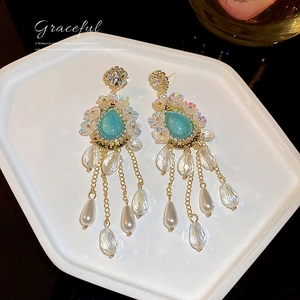 Vintage gold crystal pearl tassel drop earrings with blue waterdrop stones