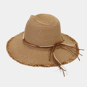 Women straw sun hat with fringe brim and decorative rope for beach summer vacation