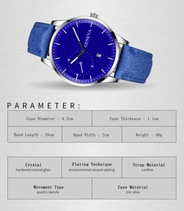 Detailed specs of Geneva men's watch with blue dial and silver alloy case