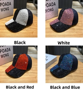 Detailed view of handmade sparkling rhinestone baseball caps in four stylish colors