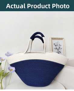 Close-up of contrast color cotton rope woven tote bag with blue and white pattern