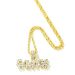 Iced out gold SAVAGE pendant necklace with rope chain for hip-hop streetwear fashion