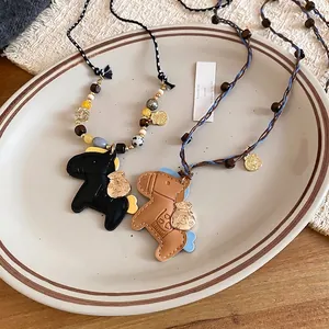 Handmade leather horse pendant necklace with acrylic beads and woven long rope chain