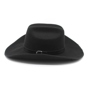 Detail of black wool felt cowboy hat featuring a narrow decorative belt and silver buckle