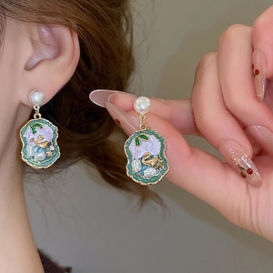Vintage Enamel Swan Pendant Earrings With 925 Sterling Silver Earring Post And Elegant Artificial Pearl Jewelry