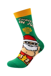 Close-up of green cotton socks featuring a surfing Santa and Christmas in July pattern