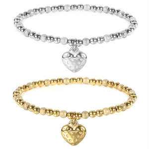 Stainless Steel Heart Pendant Elastic Bracelet Waterproof Frosted And Polished Beads Vintage Jewelry For Women Men