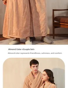 Detailed texture of thick apricot flannel bathrobe showing soft plush fabric and lapel design