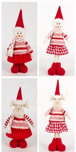 Detail of plush Santa, snowman and reindeer ornaments with red knit holiday outfits