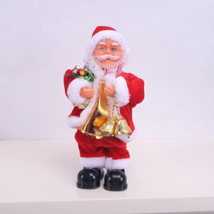 Electric Santa Claus doll holding golden bell and gift bag for Christmas decoration